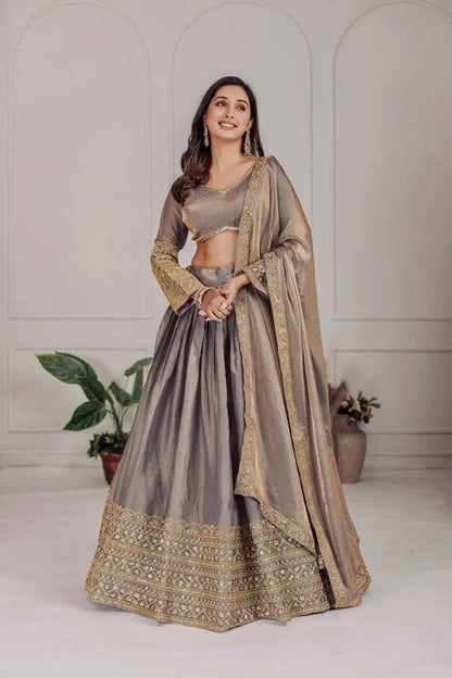 Dorsaron Women's Grey Fendi Embroidery Sequins Work Lehenga Choli