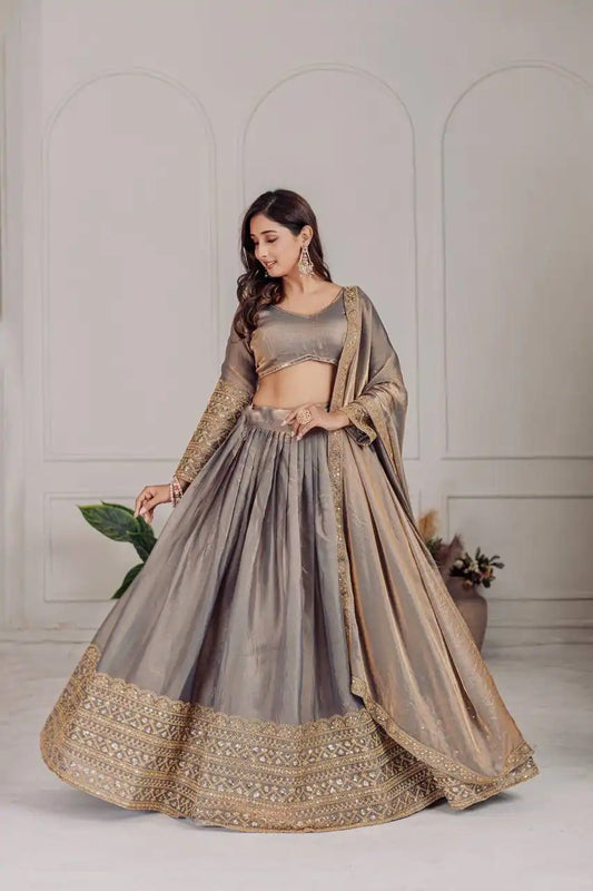 Dorsaron Women's Grey Fendi Embroidery Sequins Work Lehenga Choli