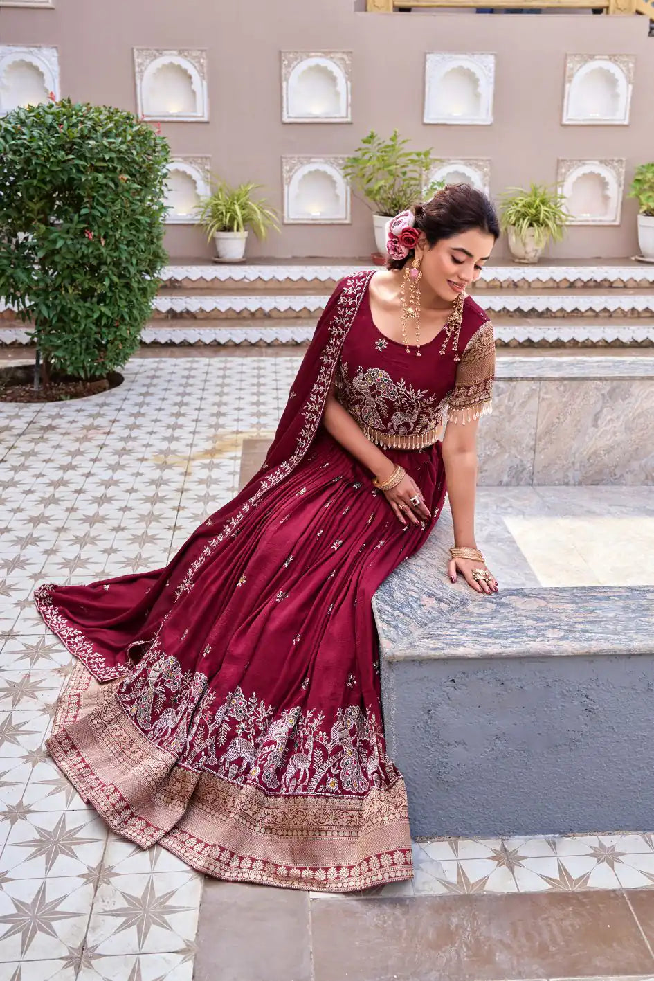 Dorsaron Adorable Maroon Vichitra Silk Thread Work Lehenga Choli