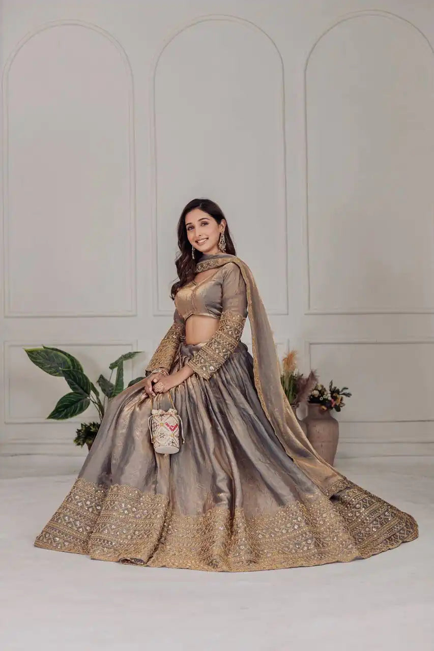 Dorsaron Women's Grey Fendi Embroidery Sequins Work Lehenga Choli