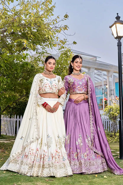 Dorsaron Women's Lavender Vichitra Silk Thread Work Lehenga Choli