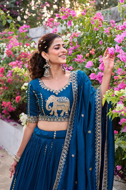 Dorsaron Women's Blue Vichitra Silk Thread Work Lehenga Choli