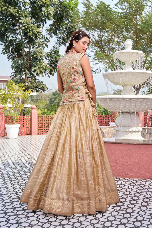 Dorsaron Women's Chiku Gold Crush Embroider Work Lehenga Choli
