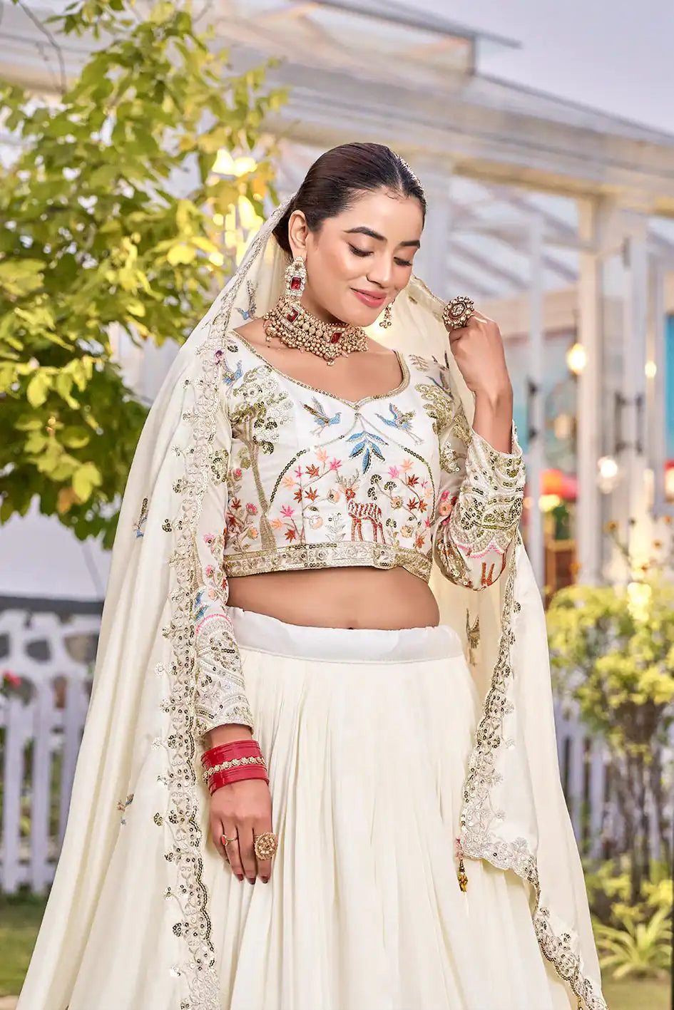 Dorsaron Women's White Vichitra Silk Thread Work Lehenga Choli