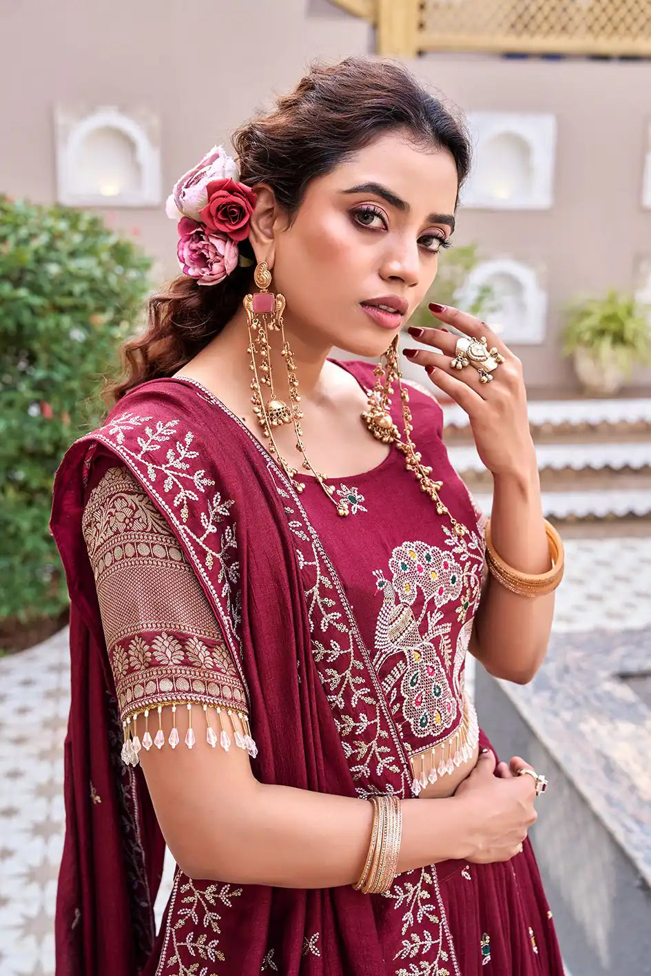 Dorsaron Adorable Maroon Vichitra Silk Thread Work Lehenga Choli