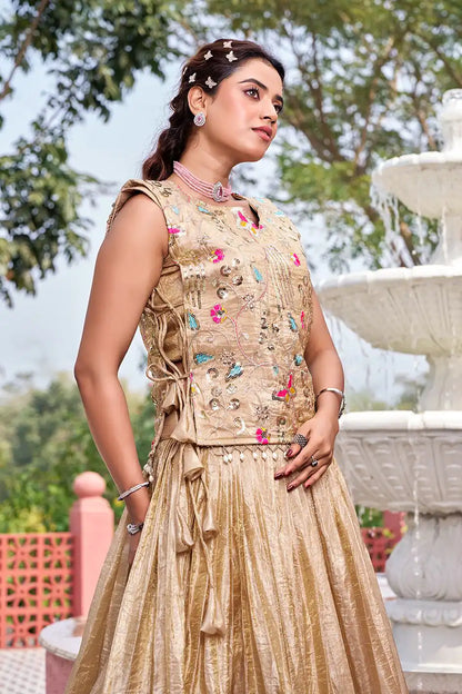 Dorsaron Women's Chiku Gold Crush Embroider Work Lehenga Choli