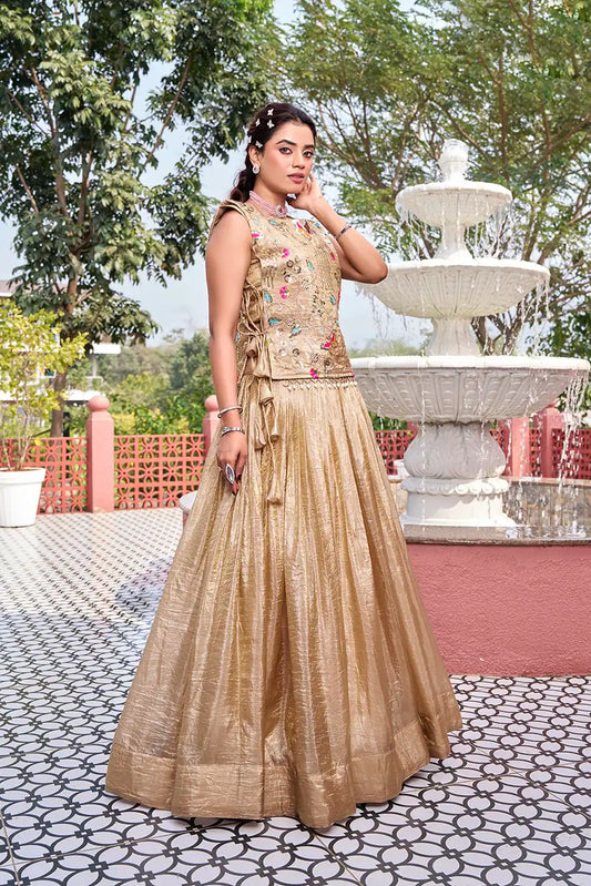 Dorsaron Women's Chiku Gold Crush Embroider Work Lehenga Choli
