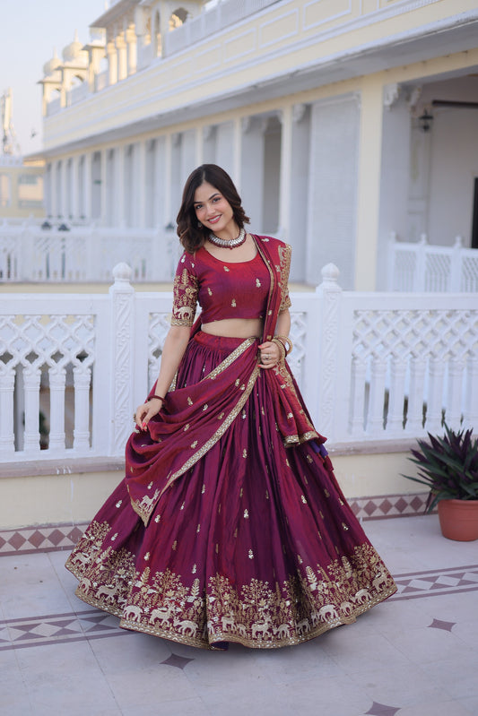 Dorsaron Women's Maroon Fendi Silk Embroider Work Lehenga Choli