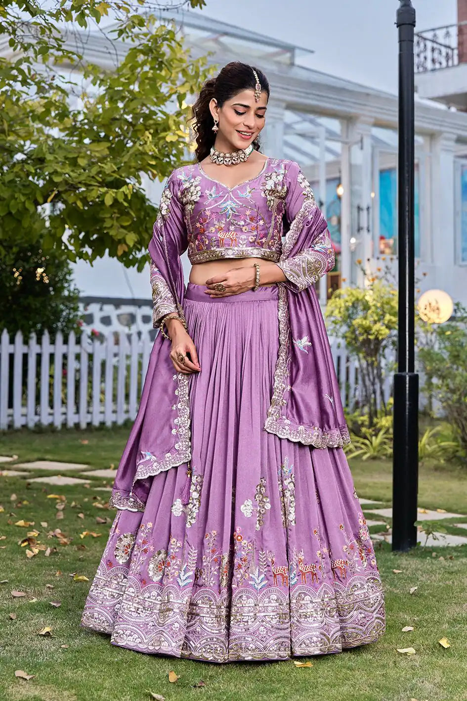 Dorsaron Women's Lavender Vichitra Silk Thread Work Lehenga Choli
