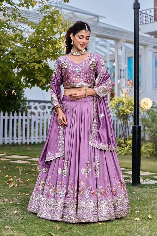 Dorsaron Women's Lavender Vichitra Silk Thread Work Lehenga Choli