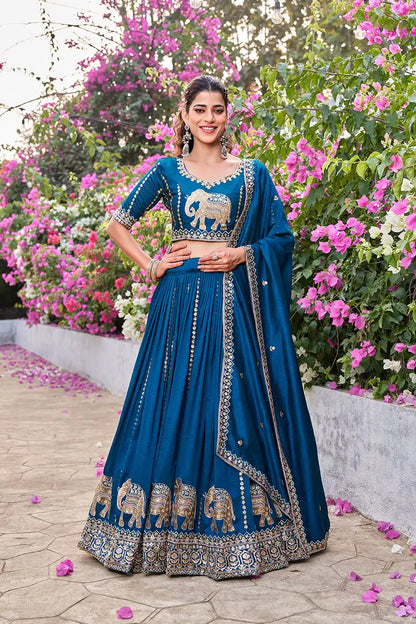 Dorsaron Women's Blue Vichitra Silk Thread Work Lehenga Choli