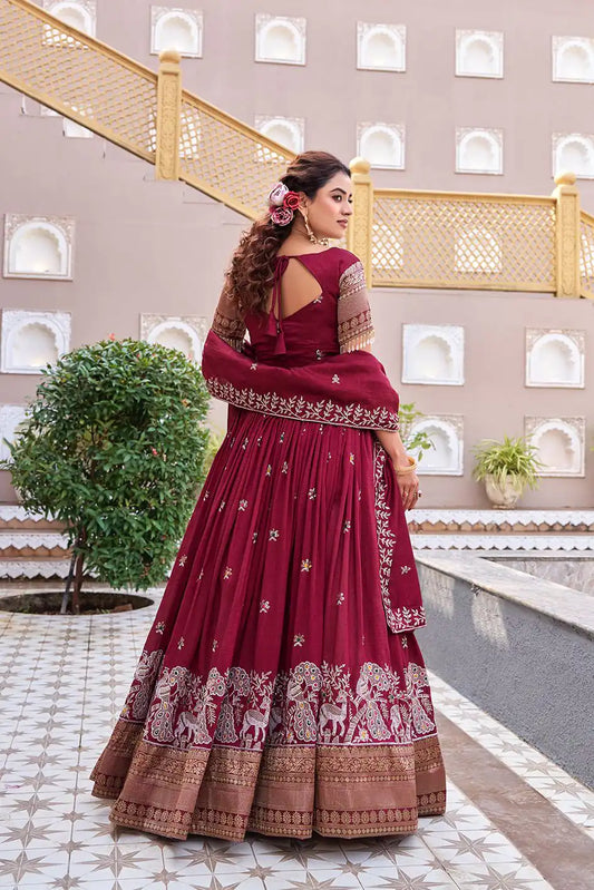 Dorsaron Adorable Maroon Vichitra Silk Thread Work Lehenga Choli