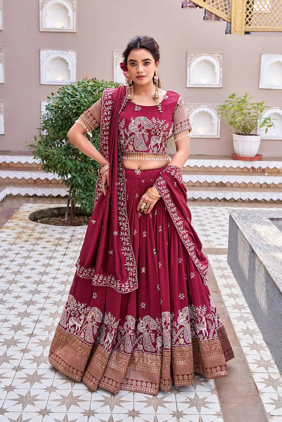 Dorsaron Adorable Maroon Vichitra Silk Thread Work Lehenga Choli