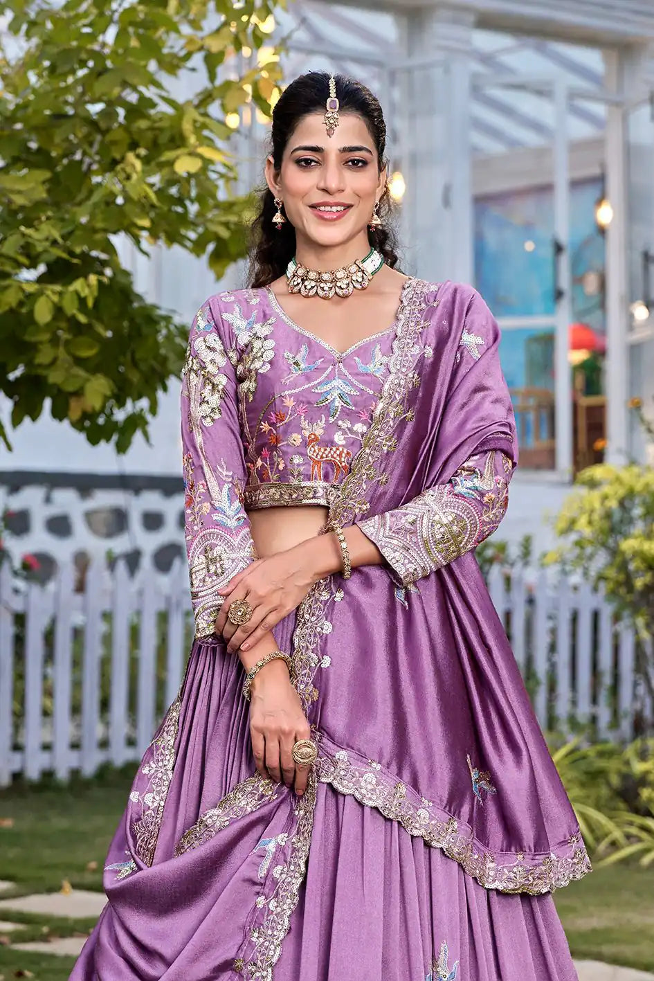 Dorsaron Women's Lavender Vichitra Silk Thread Work Lehenga Choli