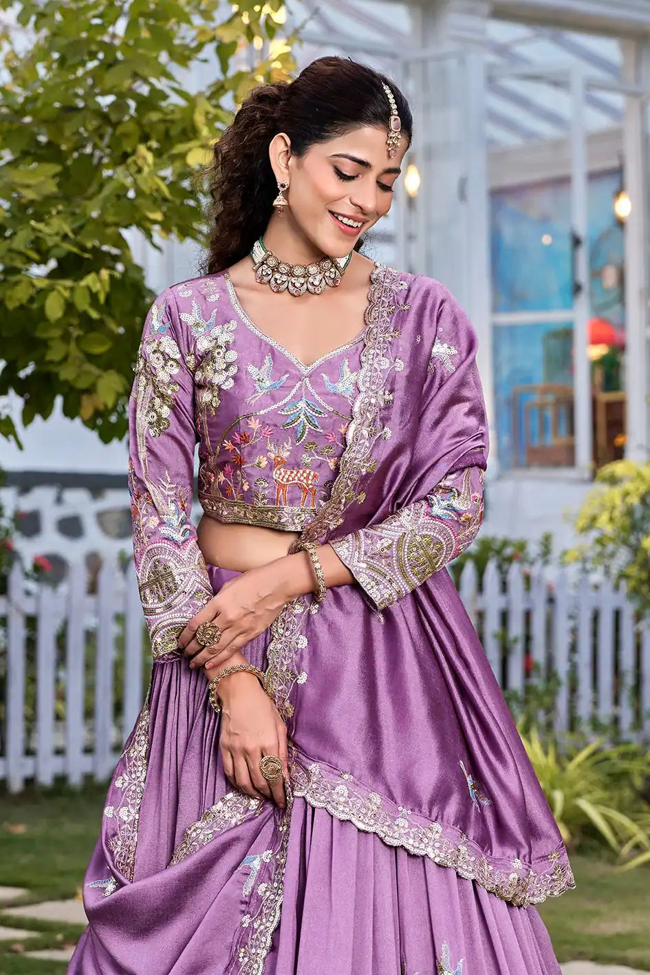 Dorsaron Women's Lavender Vichitra Silk Thread Work Lehenga Choli