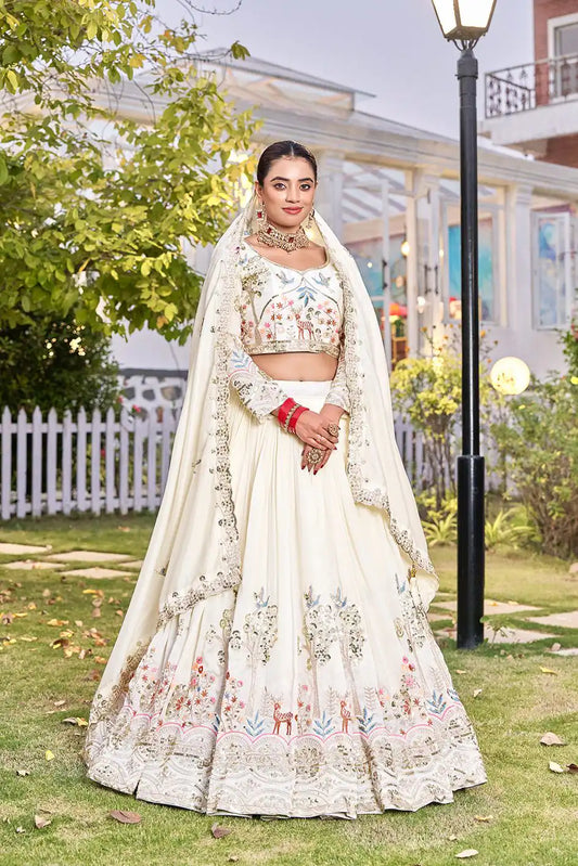 Dorsaron Women's White Vichitra Silk Thread Work Lehenga Choli